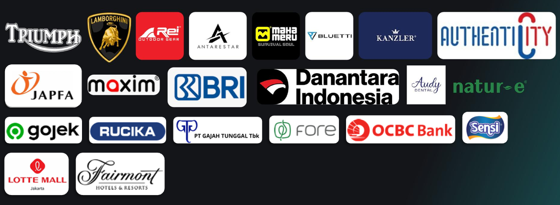 Our Clients — Triumph, Lamborghini, Rei Outdoor Gear, Antarestar, Maha Meru, Bluetti, Kanzler, AuthentiCity, JAPFA, Maxim, BRI, Danantara Indonesia, Audy Dental, Natur-E, Gojek, Rucika, PT Gajah Tunggal, Fore, OCBC Bank, Sensi, Lotte Mall, Fairmont Hotels & Resorts